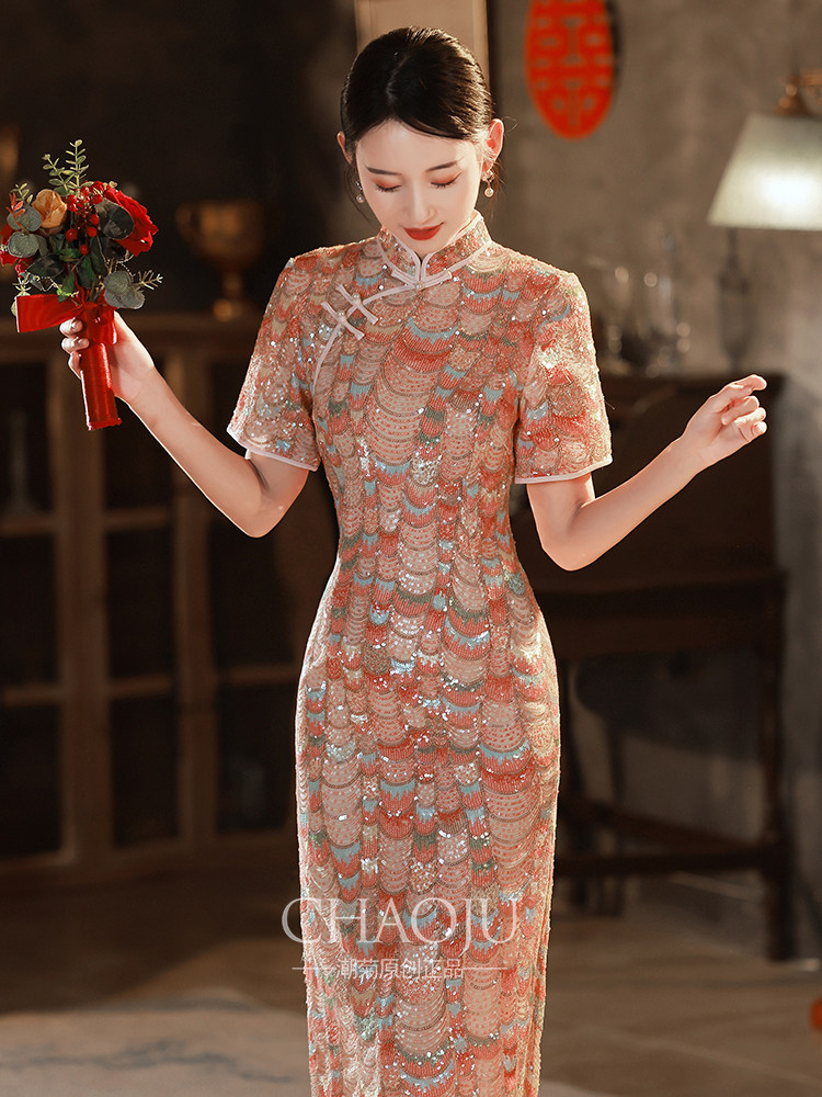 旗袍敬酒服新娘年轻款少女2024年新款中式结婚礼服订婚连衣裙粉色