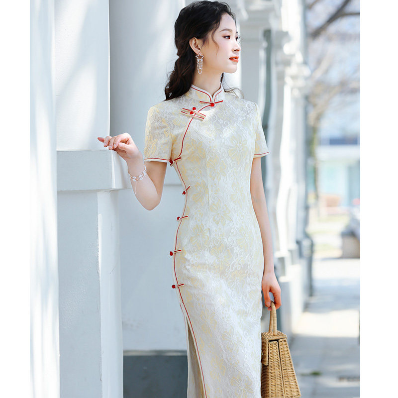 旗袍新款2023年轻款高端气质改良连衣裙少女夏季蕾丝白色平时可穿
