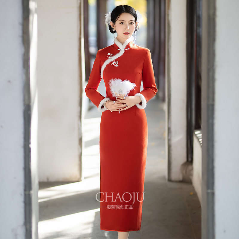 2024年新款旗袍女新中式秋冬红色改良年轻款少女绝美礼服设计感