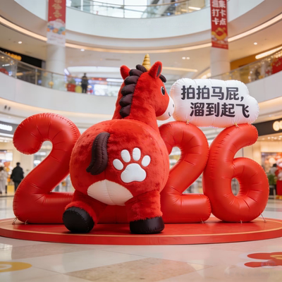 充气马年财神节日网红美陈打卡通毛绒定制爱心字广告气模花朵造型