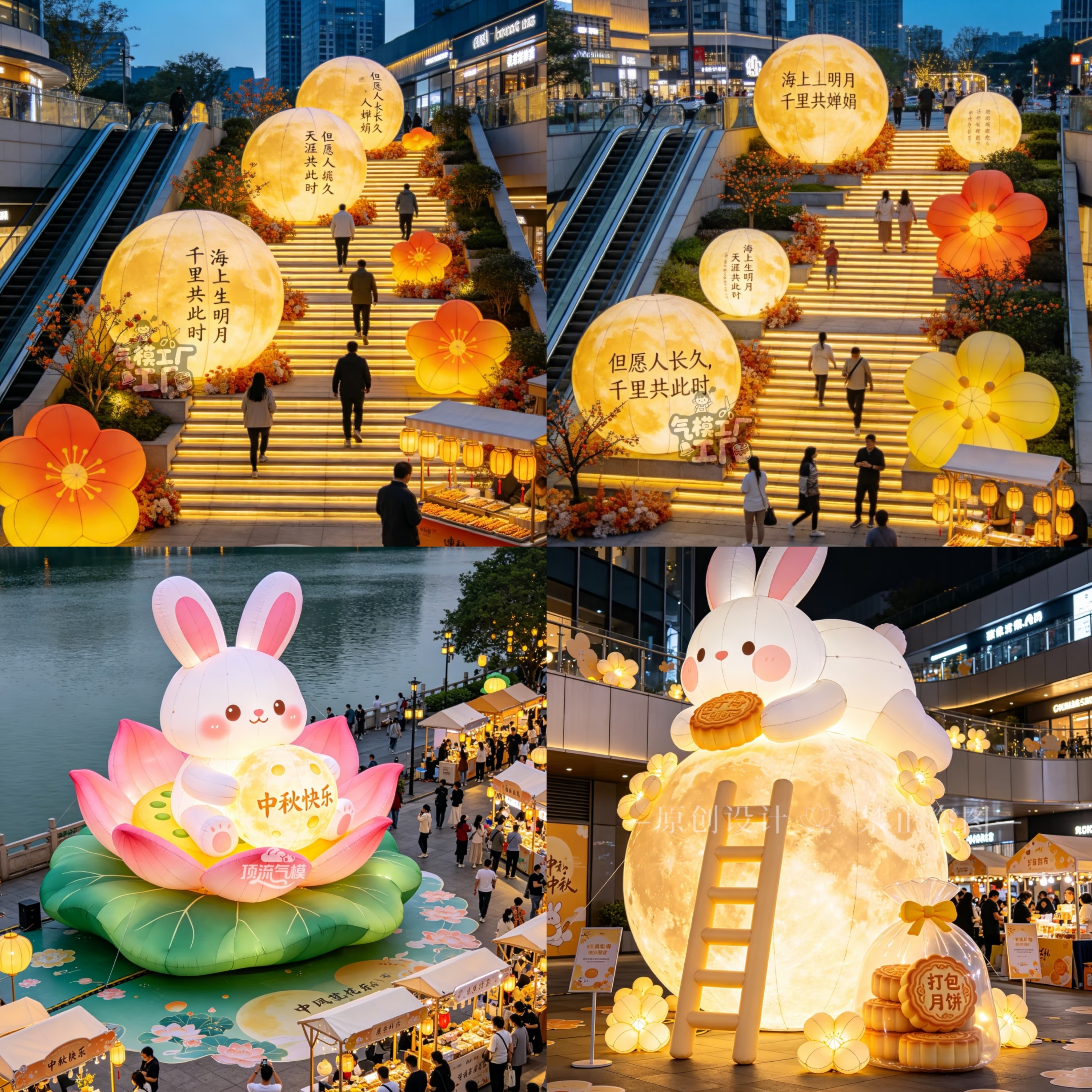 充气月球透明荷花梯子中秋节网红玉兔抱饼大型发光亮美陈装饰气模