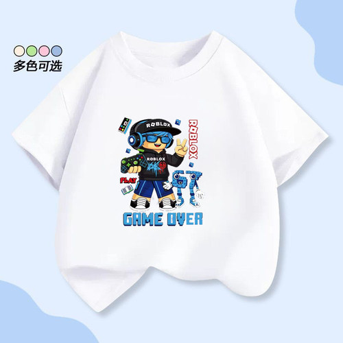 儿童Roblox游戏卡男女童短袖T恤圆领纯棉亲肤休闲套头上衣多巴胺