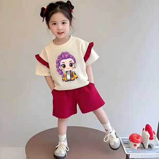 2026年猎魔女团套装中小童夏季荷花边女童纯棉短袖T恤运动裤子