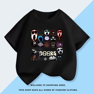 逃离大门roblox doors动漫印花中大童学生纯棉圆领短袖t恤夏上衣