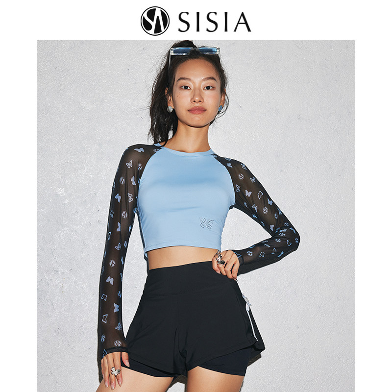 SISIA2024新款泳衣女蝴蝶时尚网纱长袖防晒冲浪运动温泉显瘦分体