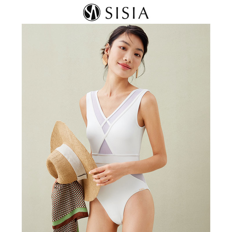 SISIA新款连体泳衣女夏无袖网纱v领性感遮肚显瘦露背温泉假度泳装