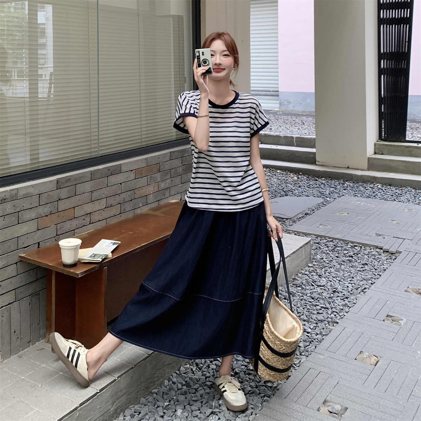 声雨竹时尚条纹针织衫半身裙两件套2025夏小仙女撞色腰带连衣裙短