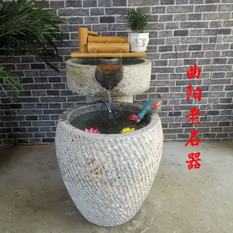 复古圆形养鱼石缸 户外庭院造景石雕流水摆件 曲阳石雕工艺