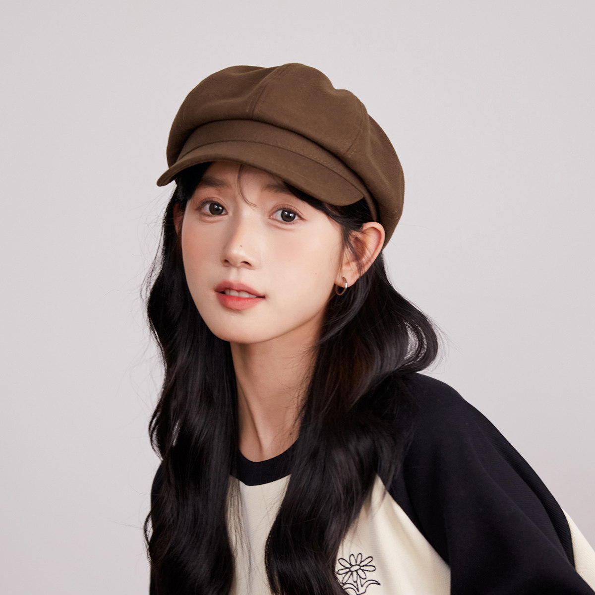 韩系纯色毛呢八角帽女春
