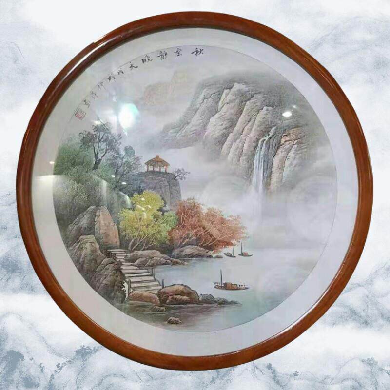 新中式实木圆形画框刺绣