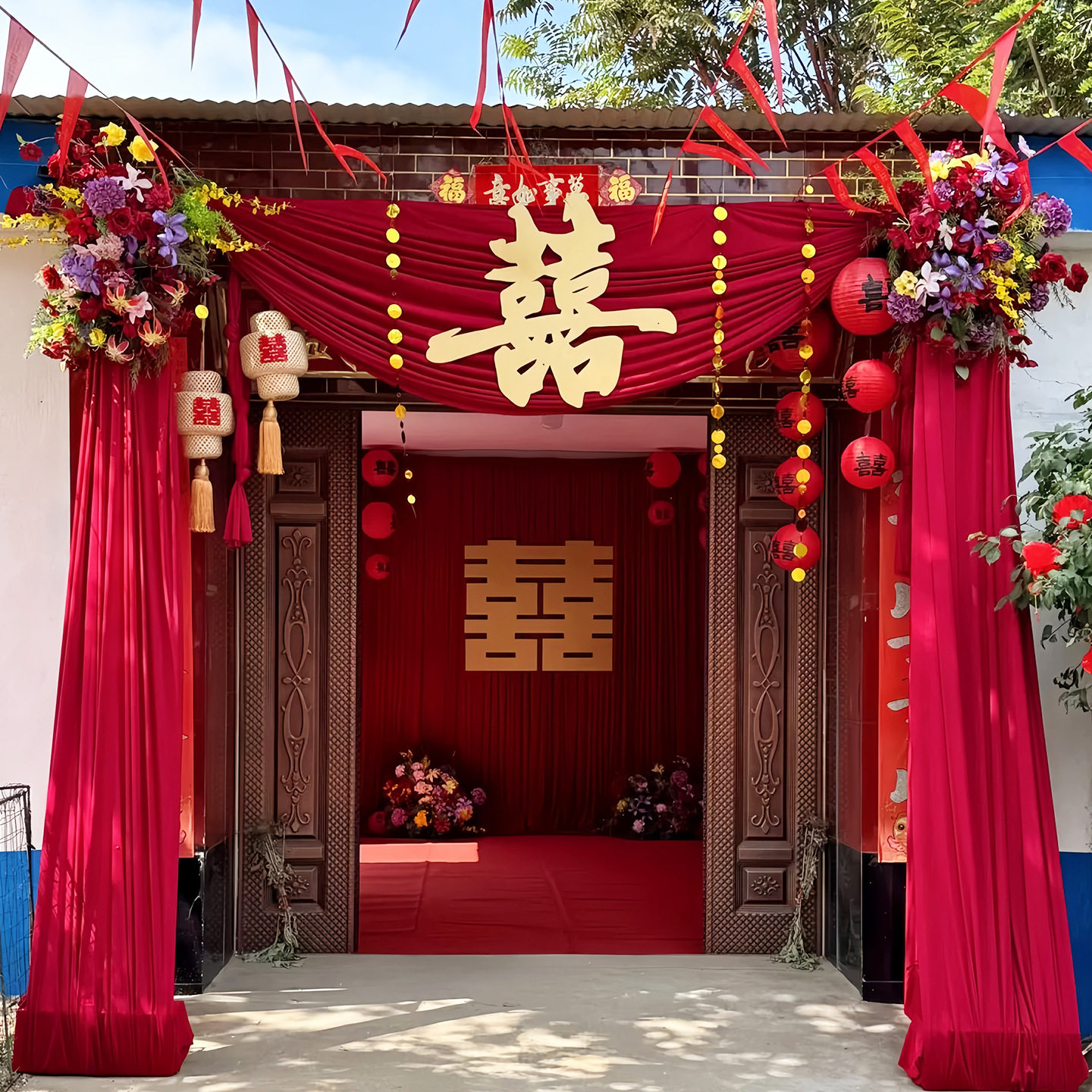 吾家婚品结婚喜庆庭院大门纱幔婚房挂饰户外农村院子婚礼布置1