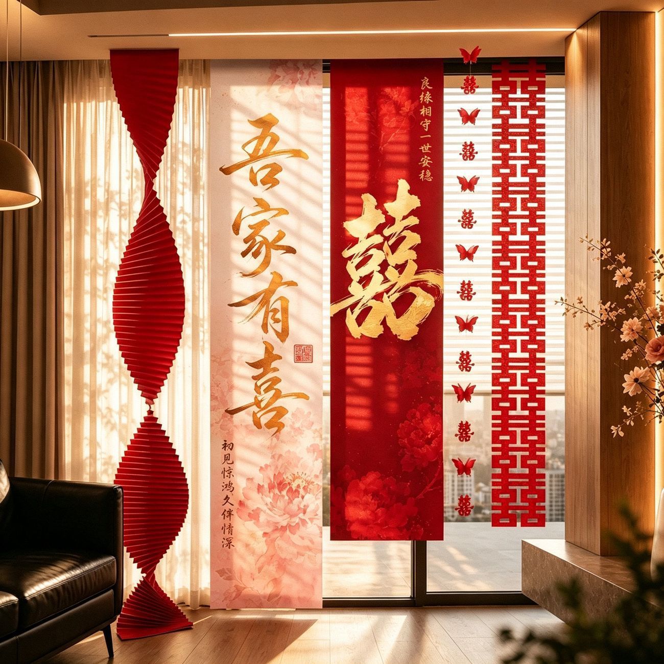 新款中式结婚房布置吾家有喜双色挂布条幅喜套装晨袍拍照背景装饰图片