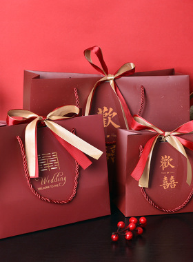 吾家婚品红色欢喜礼品袋送丝带喜糖店包装袋糖果手提袋婚庆袋子1