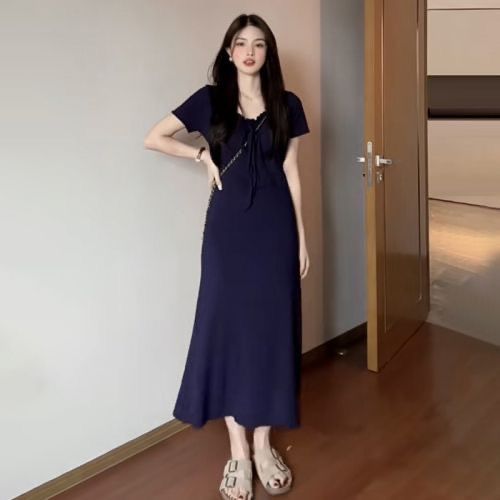 法式蓝色包臀连衣裙子女
