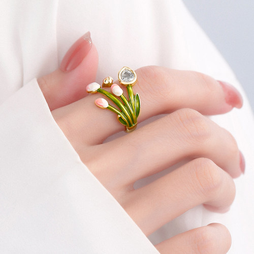 女925银郁金香花朵戒指食指指环