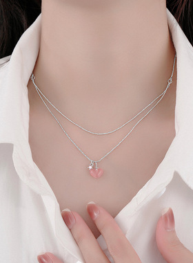 925银女粉色双层爱心项链