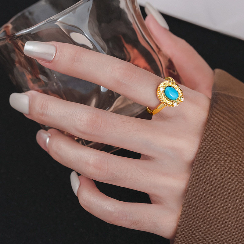 女925银拉丝蓝石戒指女食指戒