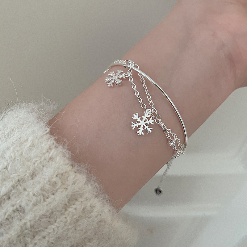 女925银叠戴手饰双层雪花手链
