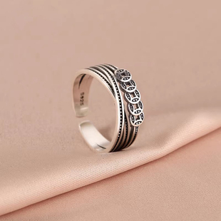 925纯银五帝钱戒指女国潮风ins小众设计复古钱币开口指环招财转运