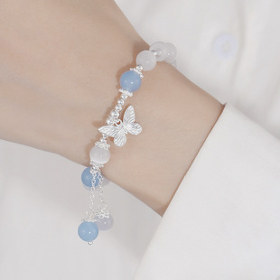 s925纯银猫眼石蝴蝶水晶手链女小众设计感海宝蓝灰手镯送女友闺蜜