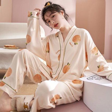 2025新款春秋季天长袖长裤带胸垫一体可外穿睡衣女大码套装家居服