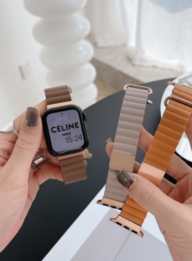 IAMYEE表带荔枝纹皮质磁吸适用苹果手表iwatchS11S10/S9/S8男女款