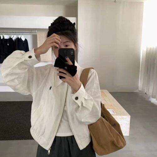 HAVE U美式小马标刺绣夹克女2024秋新款POLO印花休闲宽松外套上衣