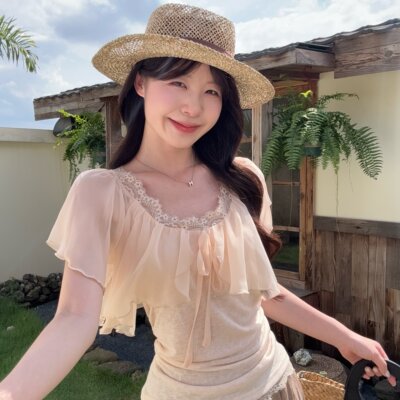 实拍 大码胖妹妹韩系纯欲假两件蕾丝花边拼接短袖修身显瘦上衣