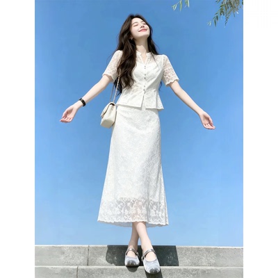 2026法式新款夏法式修身蕾丝拼接V领衬衫女装高腰半身裙气质套装