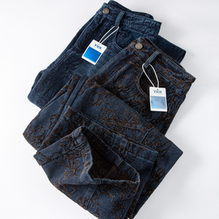 女冬 加绒高腰阔腿牛仔裤 显瘦藏腿型重工提花弯刀裤 立体剪裁镰刀裤