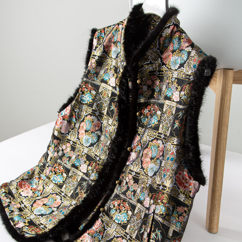 奢华大气新中式锦缎提花刺绣桑蚕丝混纺水貂毛边夹棉马甲背心女