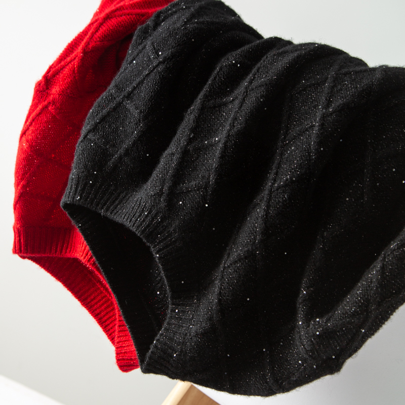 惨亮丝菱形格编织100%羊毛衫女