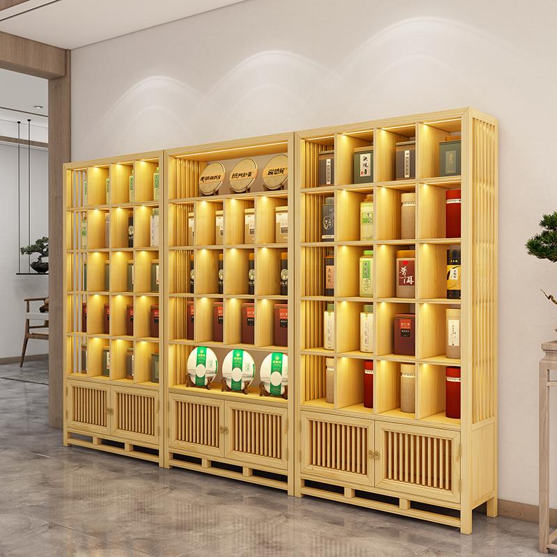 放茶叶博古架实木新中式茶货展示柜茶室置物具架子多宝阁现代简约