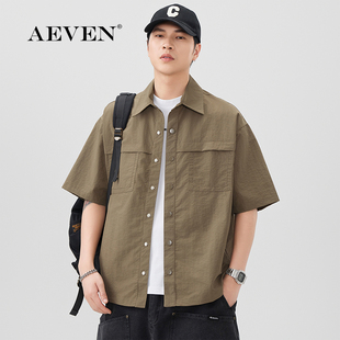 男款日系夏秋纯色简约短袖衬衫户外休闲百搭衬衣外套美式潮牌上衣