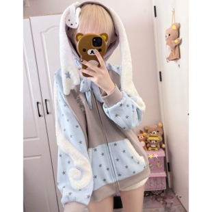 车日时 天使翅膀开衫加绒连帽卫衣大兔耳秋冬百搭刺绣上衣原创