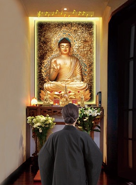 释迦诸佛菩萨像晶瓷挂画厂家直销动态LED灯堂龛供桌背景装饰定制