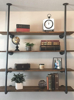 乡村复古墙壁书架 创意工业风家庭装饰墙架 木板支架DIY水管架