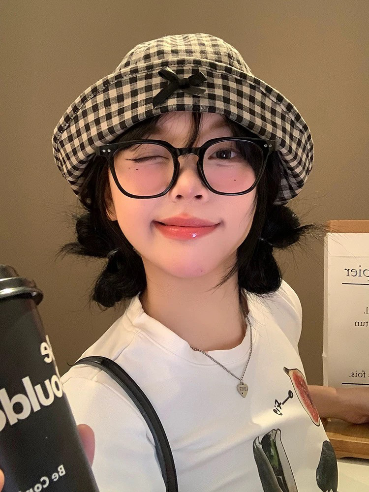 日系翻檐蝴蝶结格纹渔夫帽子女款春夏薄款百搭显脸小水桶帽可爱韩