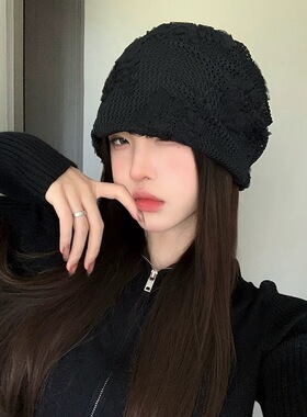 日系复古镂空花朵堆堆帽女秋冬新款大头围显脸小冷帽薄款包头帽子