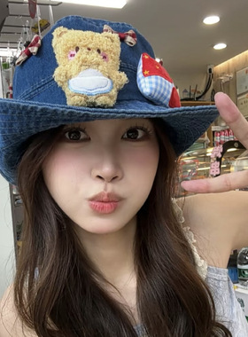 可爱小熊蝴蝶结牛仔渔夫帽女夏季大帽檐显脸小盆帽遮阳防晒帽子潮