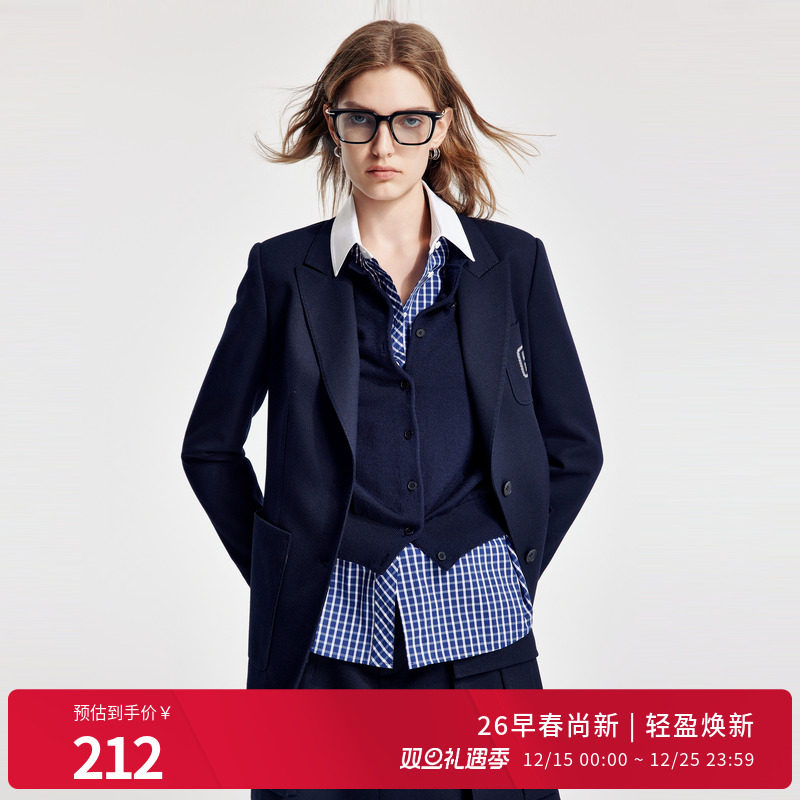 婉甸2026春季新品蓝白格纹拼接领衬衫H型长袖格子衫女1251S12SX2