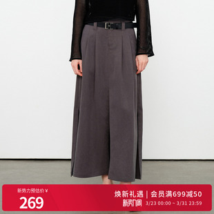 婉甸2026夏季 原灰色长裙开叉女裙高腰系带裙子1252K12GS4 新品