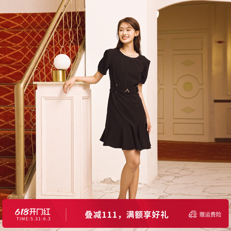 婉甸夏季黑色短袖连衣裙1242N21JH2