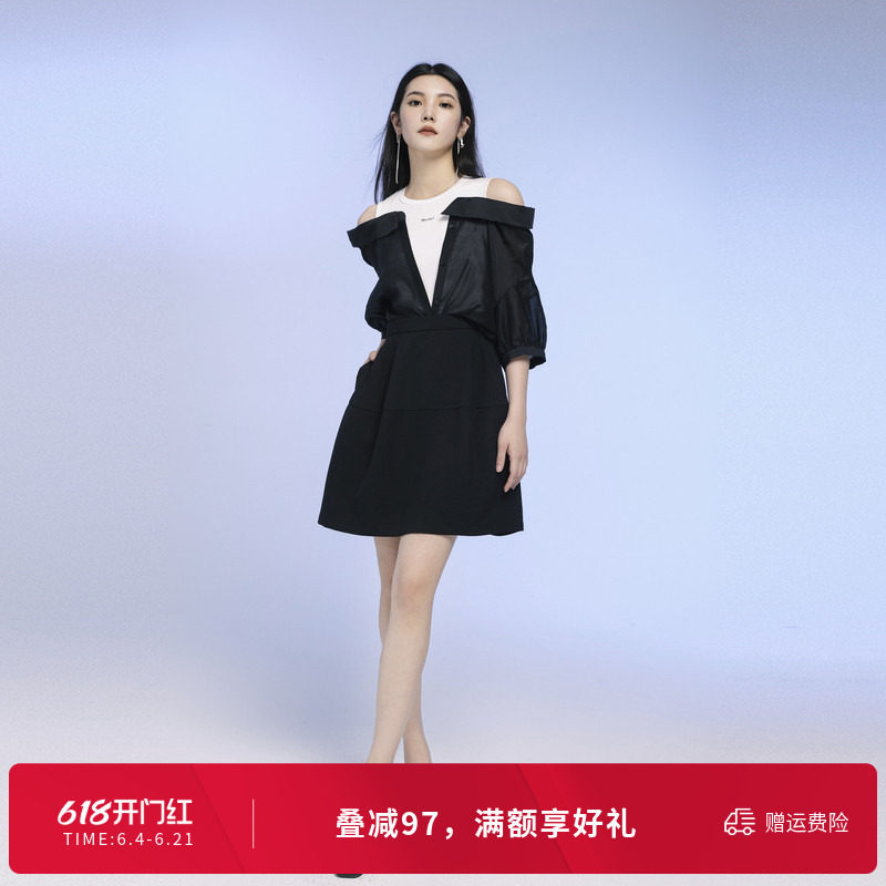 婉甸夏季黑色中袖连衣裙1242N06SX1YX