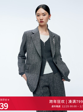 婉甸2025年冬季新品杂花灰提花复古阔版西装外套1244Q02GS1