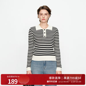 婉甸2025黑白条纹毛织套头衫Polo领针织衫1241W14DY2