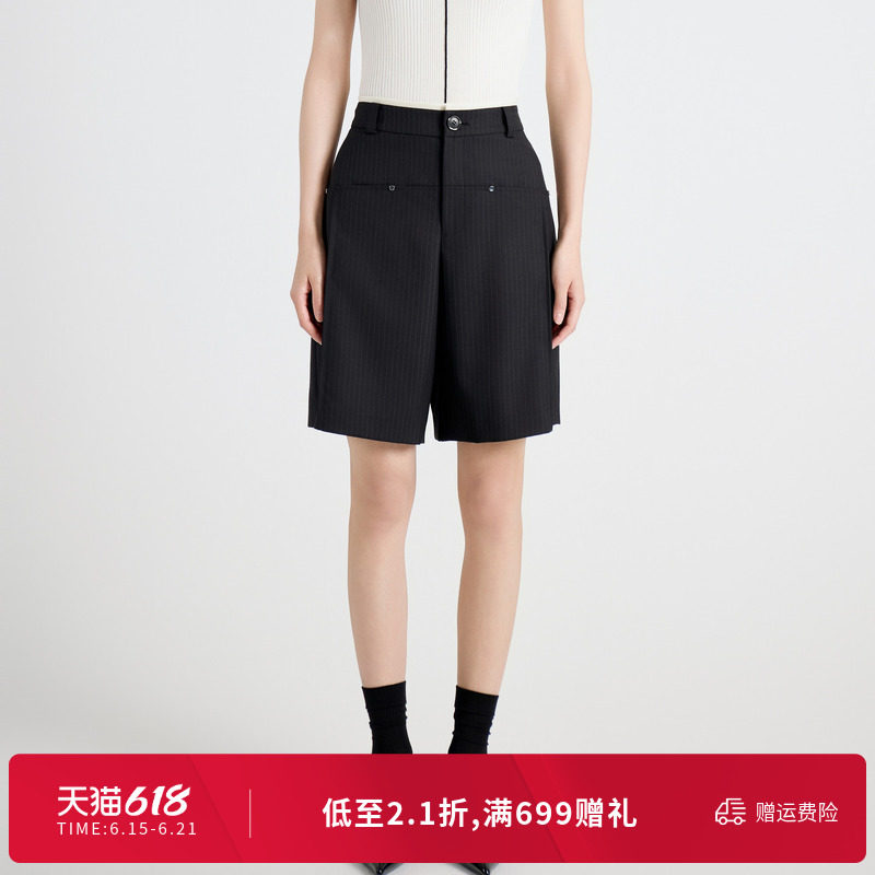 婉甸秋季黑色条纹中裤显瘦百搭休闲高腰短裤1243P01DZ1