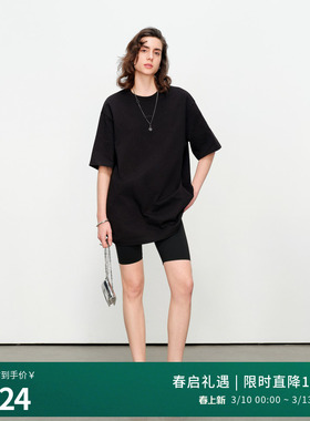 婉甸2025夏季新品黑色烫钻长款廓版T恤圆领镶钻五分袖1242T01SX1