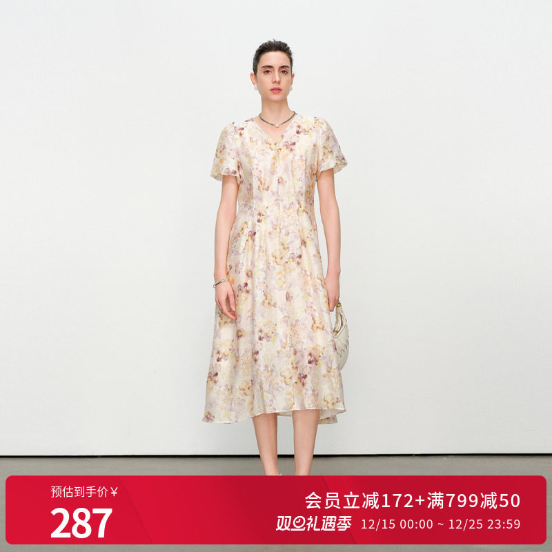 米咖晕染花短袖连衣裙