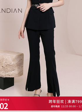 婉甸黑色九分喇叭裤夏季新品通勤微喇裤休闲裤脚口开叉1232P09SJ1